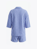 Women's Career Vertical Stripe Single-Breasted Short Sleeve Shirt & Drawstring Shorts Set