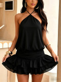 Summer Women's Holiday Solid Halter Neck Tie-Up Low Back Layered Ruffle Mini Dress
