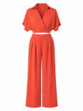 Summer Women's Casual Solid Turndown Collar V-Neck Crop Short Sleeve Top & High Waist Wide Leg Pants Set