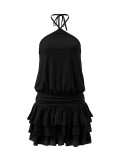 Summer Women's Holiday Solid Halter Neck Tie-Up Low Back Layered Ruffle Mini Dress