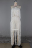 Women's Holiday Halter Neck Fringe Knitted Cutout Low Back Split Beach Cover-Up Dress