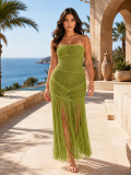 Women's Beach Party Strapless Knitted Fringe See-Through Sleeveless Bodycon Cover-Up Dress