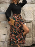 Summer Women's Slim Fit Patchwork Leopard Print Split Long Sleeve Dress