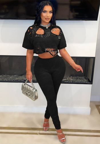 Women's Sexy Fashion Round Neck Ripped Studded Two-Piece Pants Set