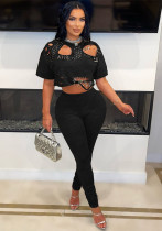 Women's Sexy Fashion Round Neck Ripped Studded Two-Piece Pants Set Women's Sexy Fashion Round Neck Ripped Studded Two-Piece Pants Set