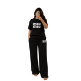 Summer Women's Casual Chic Printed Short Sleeve T-shirt Pants Two-Piece Set
