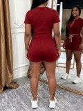 Summer Women's Casual Ribbed Button Front Short Sleeve Color Block Drawstring Two-Piece Shorts Set