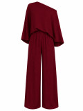 Women's Career Solid Textured Slash Shoulder Bat Sleeve Wide Leg Pants Casual Two-Piece Set