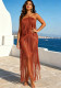 Women's Holiday Halter Neck Fringe Knitted Cutout Low Back Split Beach Cover-Up Dress