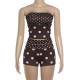 Summer Women's Chic Polka Dot Print Strapless Tank Top & Slim Fit Shorts Set