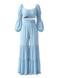 Women's Casual Holiday Smocked Slim Waist Puff Sleeve Crop Top & Ruffle Pants Set