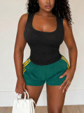 Summer Women's Casual Sports U-Neck Slim Fit Tank Top & Side Stripe Shorts Set