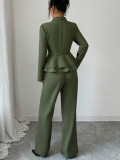 Spring/Fall Women's Solid Deep V Turndown Collar Ruffle Hem Blazer & High Waist Wide Leg Pants Set