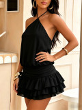 Summer Women's Holiday Solid Halter Neck Tie-Up Low Back Layered Ruffle Mini Dress