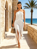 Women's Holiday Halter Neck Fringe Knitted Cutout Low Back Split Beach Cover-Up Dress