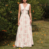 Lace Patchwork Sexy V-Neck Printed Slim Waist Strap Dress