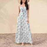 Sexy Printed Ruffle Trim Slim Waist Strap Dress