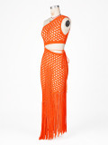 Women's Beach Party Slash Shoulder Knitted Cutout Open Waist Asymmetrical Fringe Cover-Up Dress