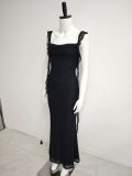 Summer Women's Mesh Square Neck Low Back Ruched Tie Detail Slim Waist Slim Fit Strap Dress