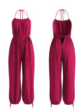 Summer Women's Casual Solid Halter Neck Sleeveless Loose Jumpsuit
