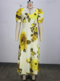 Women's Print Square Neck Puff Short Sleeve Slim Waist Formal Party Dress