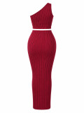 Summer Women's Holiday One-Shoulder Striped Crop Top & Bodycon Skirt Two-Piece Set