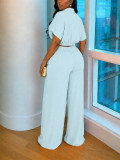 Summer Women's Casual Solid Turndown Collar V-Neck Crop Short Sleeve Top & High Waist Wide Leg Pants Set