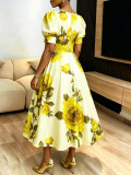Women's Print Square Neck Puff Short Sleeve Slim Waist Formal Party Dress