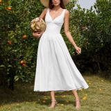 Sexy Fashion Deep V-Neck Slim Waist A-line Ruched Strap Dress