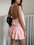 Summer Women's Holiday Solid Halter Neck Tie-Up Low Back Layered Ruffle Mini Dress