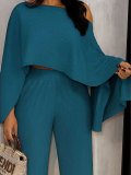 Women's Career Solid Textured Slash Shoulder Bat Sleeve Wide Leg Pants Casual Two-Piece Set