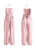 Summer Women's Casual Solid Halter Neck Sleeveless Loose Jumpsuit