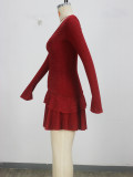 Women's Chic Elegant V-Neck Bell Sleeve Slim Waist Asymmetrical Ruffle Dress