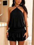 Summer Women's Holiday Solid Halter Neck Tie-Up Low Back Layered Ruffle Mini Dress
