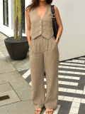 Summer Women's Career Sleeveless Button Front Blazer Vest & Wide Leg Pants Casual Two-Piece Set