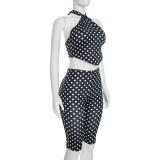 Summer Women's Halter Neck Strapless Lace-Up Low Back Polka Dot Print Top & High Waist Cropped Pants Set