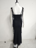 Summer Women's Mesh Square Neck Low Back Ruched Tie Detail Slim Waist Slim Fit Strap Dress