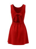 Summer Women's Sweet Solid Sleeveless Low Back Bow Elastic Mini Dress