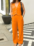 Summer Women's Career Sleeveless Button Front Blazer Vest & Wide Leg Pants Casual Two-Piece Set