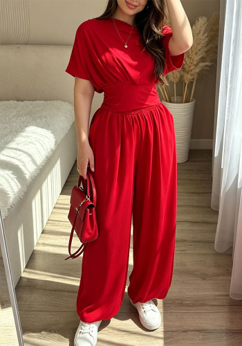 Summer Women's Casual Solid Slash Shoulder Short Sleeve Slim Waist Jogger Lantern Jumpsuit