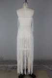 Women's Holiday Halter Neck Fringe Knitted Cutout Low Back Split Beach Cover-Up Dress
