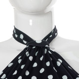 Summer Women's Halter Neck Strapless Lace-Up Low Back Polka Dot Print Top & High Waist Cropped Pants Set