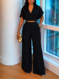 Summer Women's Casual Solid Turndown Collar V-Neck Crop Short Sleeve Top & High Waist Wide Leg Pants Set