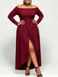 Plus Size Off Shoulder Long Sleeve Ruched High Waist Split Asymmetrical Dress