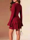Women's Chic Elegant V-Neck Bell Sleeve Slim Waist Asymmetrical Ruffle Dress