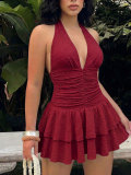 Summer Women's Sexy Party Solid V Halter Neck Pleated Slim Waist Ruffle Tiered Mini Dress