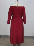 Plus Size Off Shoulder Long Sleeve Ruched High Waist Split Asymmetrical Dress