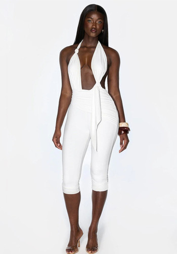 Women's Sexy Fashion Solid Halter Neck Tie Knot Low Back Jumpsuit