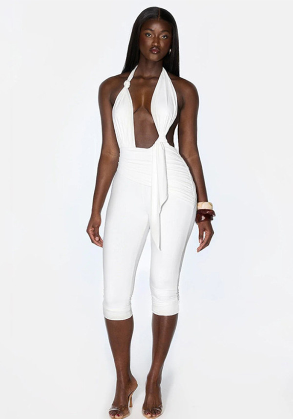 Women's Sexy Fashion Solid Halter Neck Tie Knot Low Back Jumpsuit