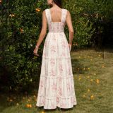 Lace Patchwork Sexy V-Neck Printed Slim Waist Strap Dress